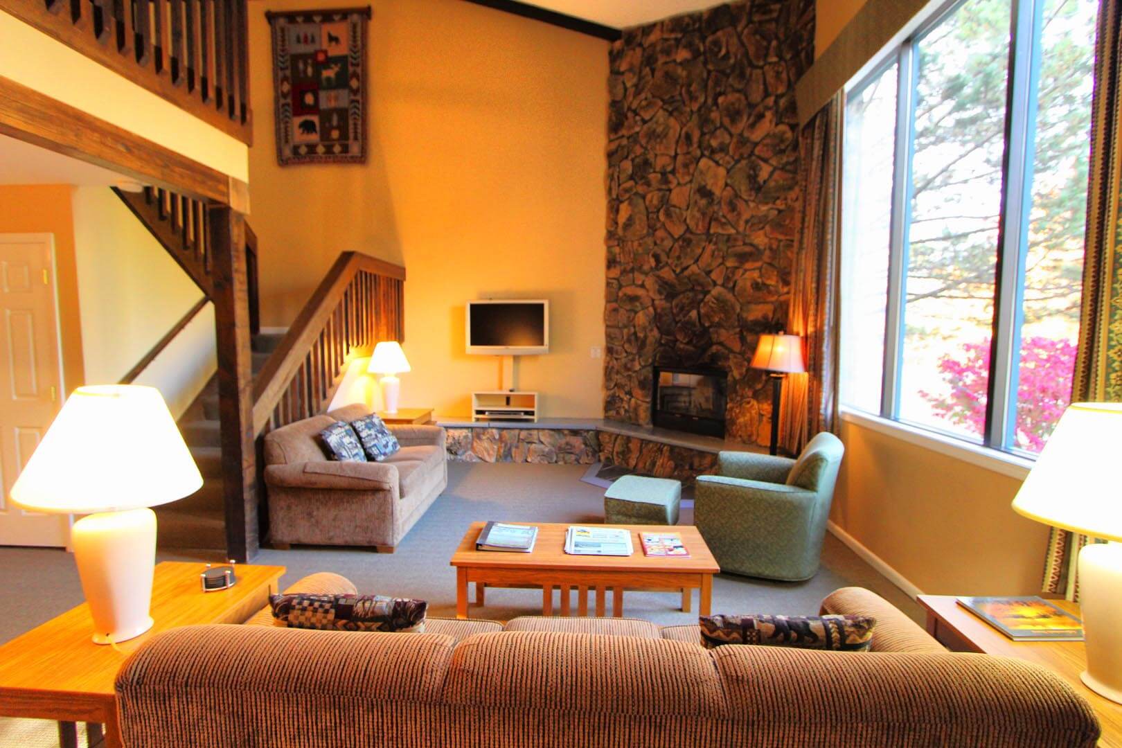 A spacious living room at VRI's Lake Placid Club Lodges in New York.